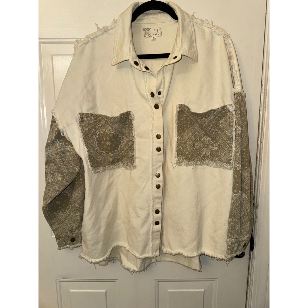 Oli & Hali Cream Denim Bandana Print Frayed Oversized Shacket Small